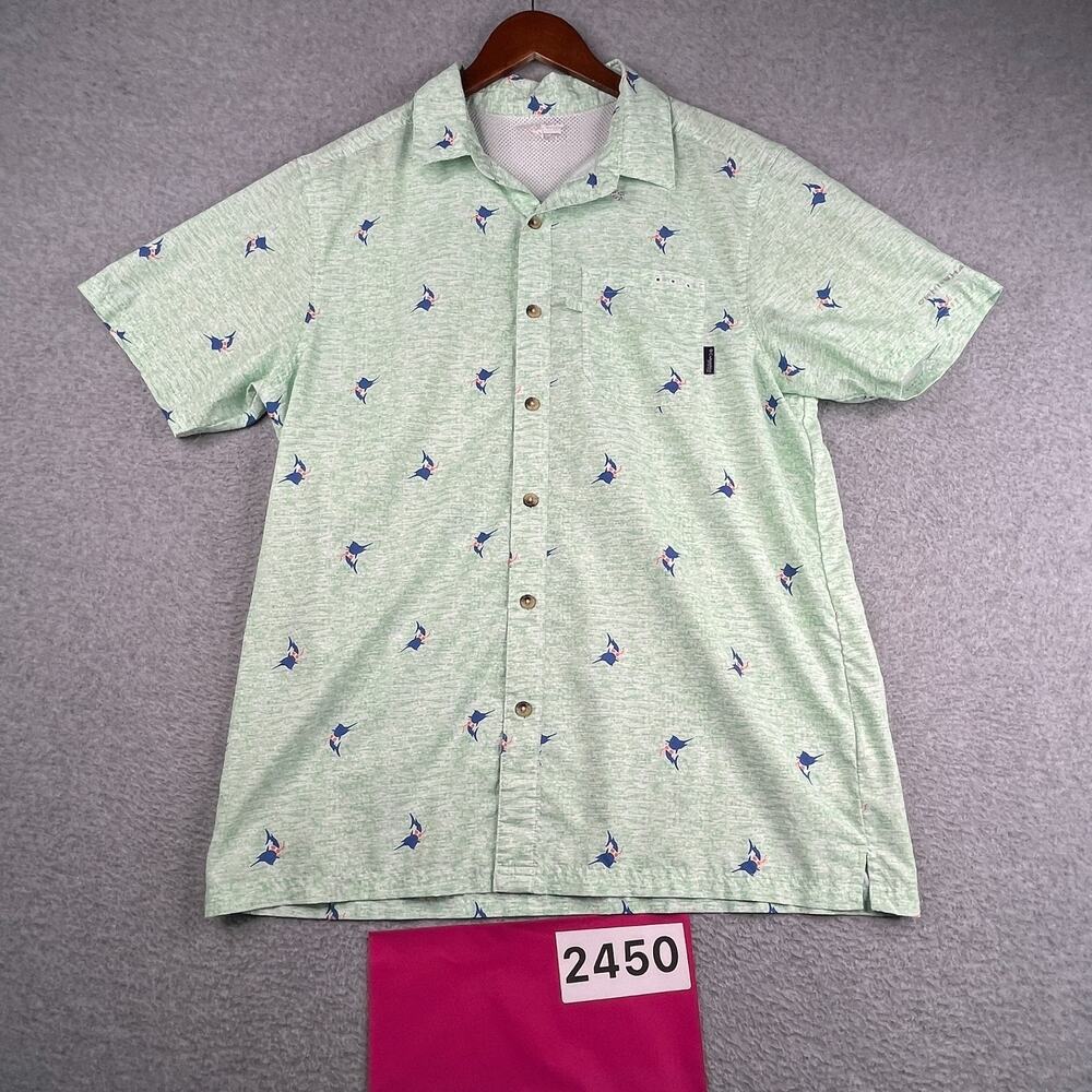 Columbia PFG Fish Print Shirt Green Vented Button Up Short Sleeve Mens Large